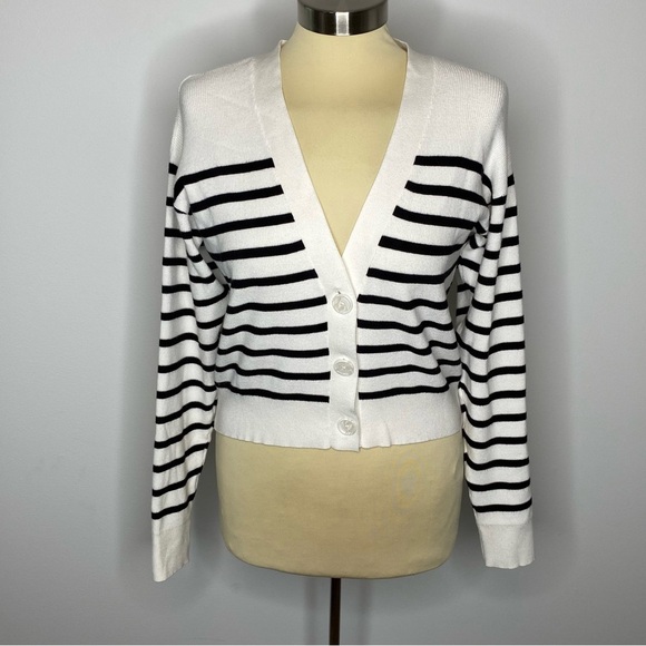 Loft White and Black Striped Button Front Long Sleeve Cardigan Sweater - Picture 3 of 10